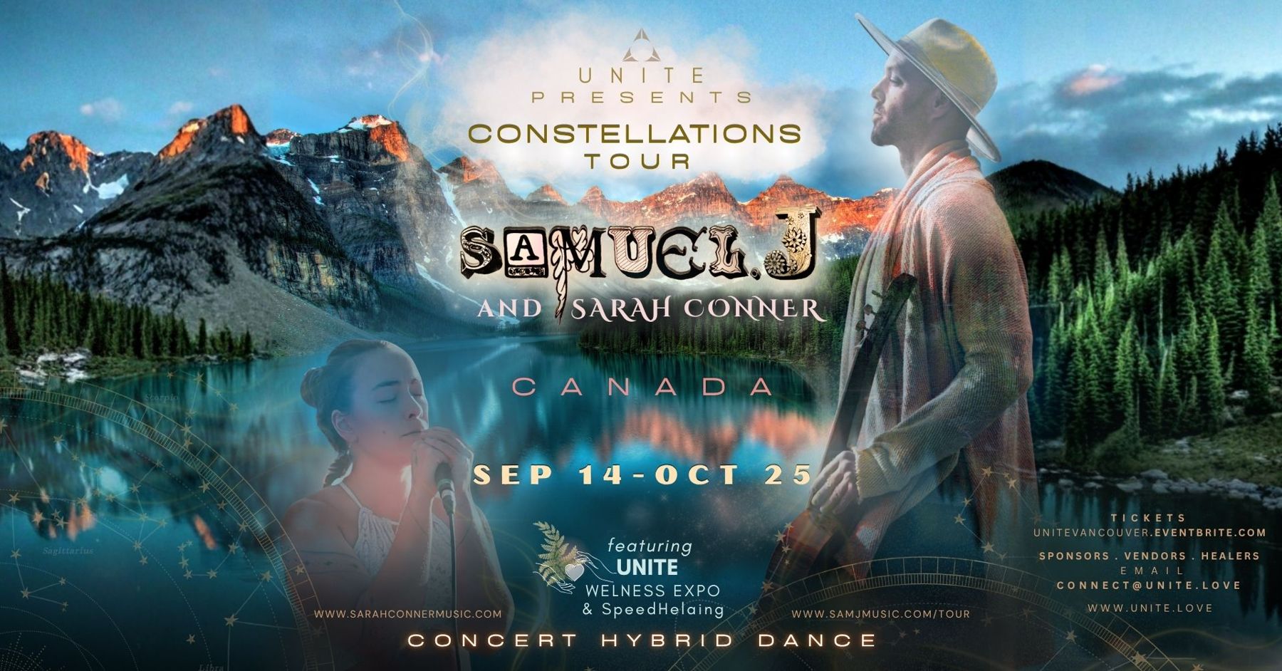 UNITE presents the Constellations Tour: Samuel J and Sarah Conner, Canada, Sep 14 to Oct 17, featuring the UNITE Wellness Expo and SpeedHealing